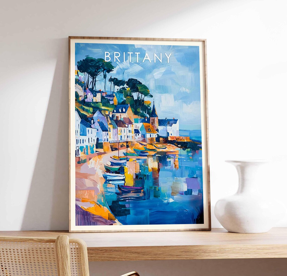 Brittany France Harbor Boats Hillside Village Painting Poster