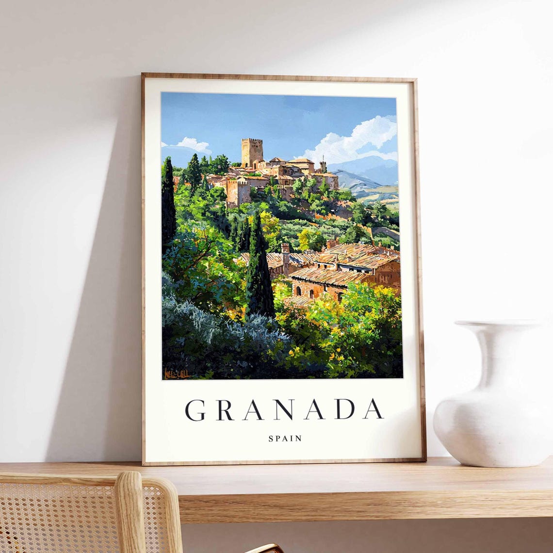Granada Spain Hilltop Castle Cypress Trees Travel Art Poster