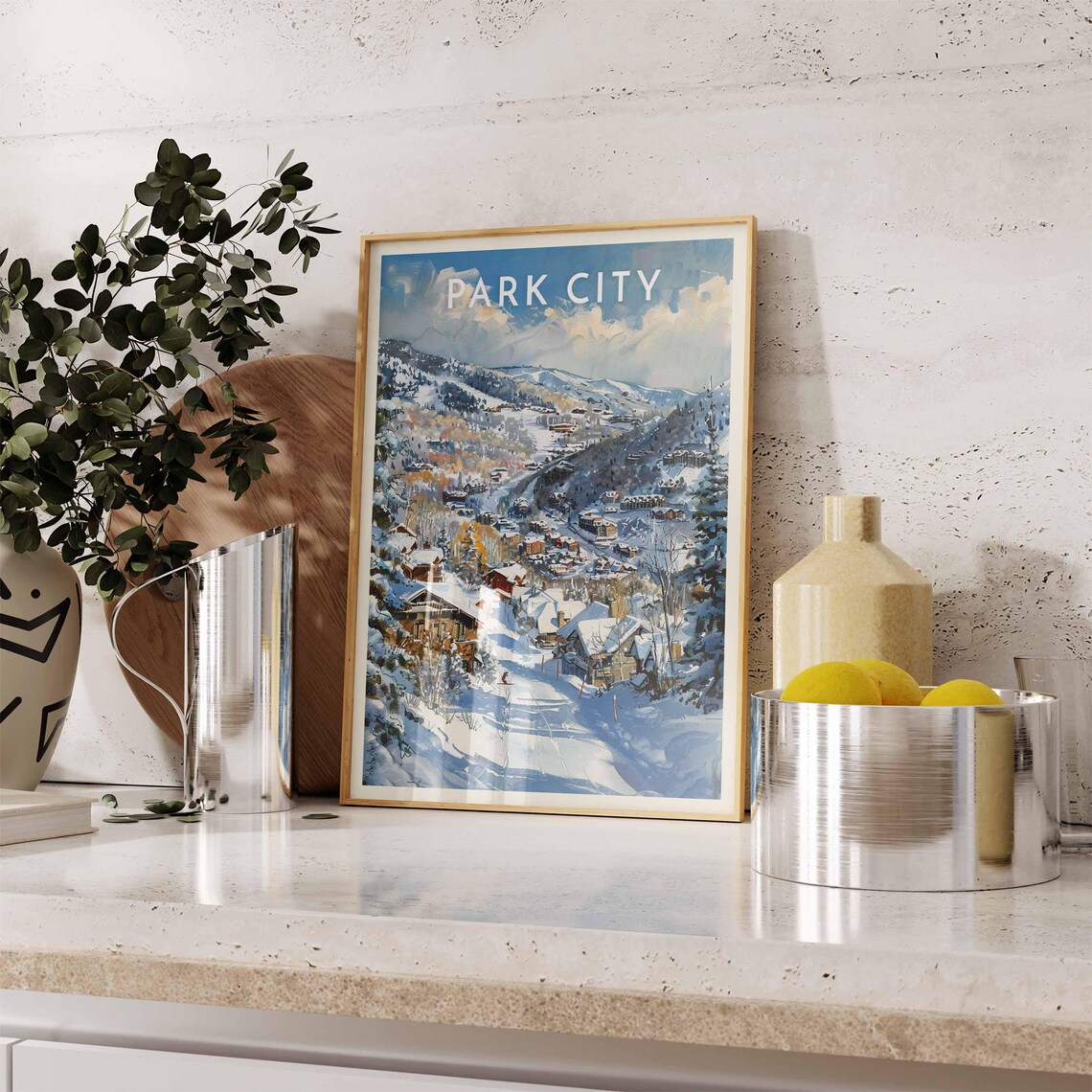 Park City Skiers Heading Down to Town Snowy Slope Scene Poster - Image 2