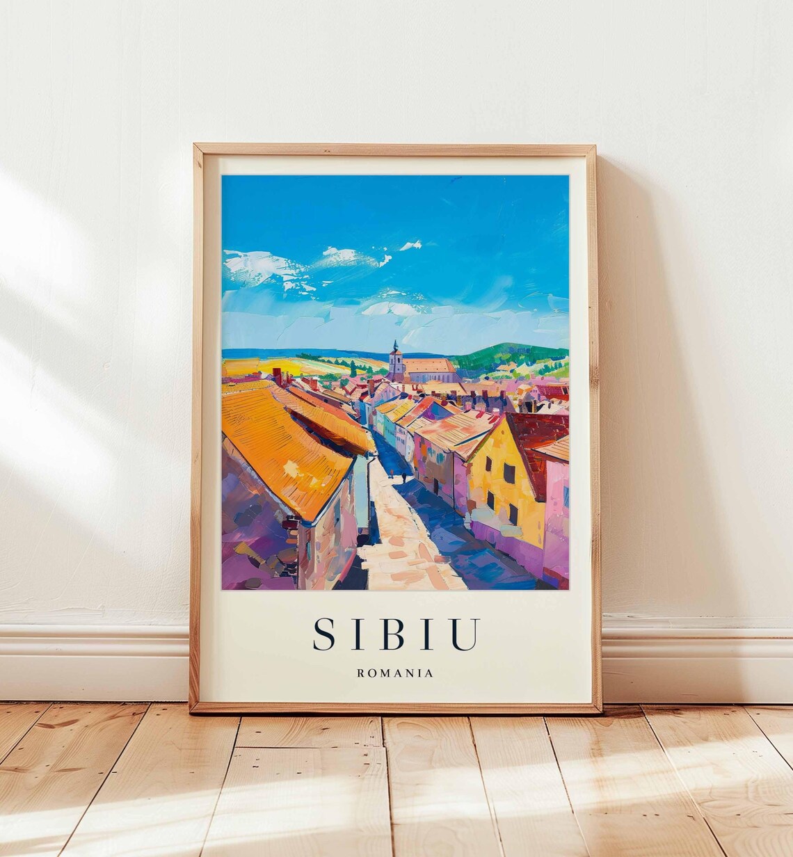 Sibiu Romania Colorful Painterly Rooftops Church Blue Sky Art Poster