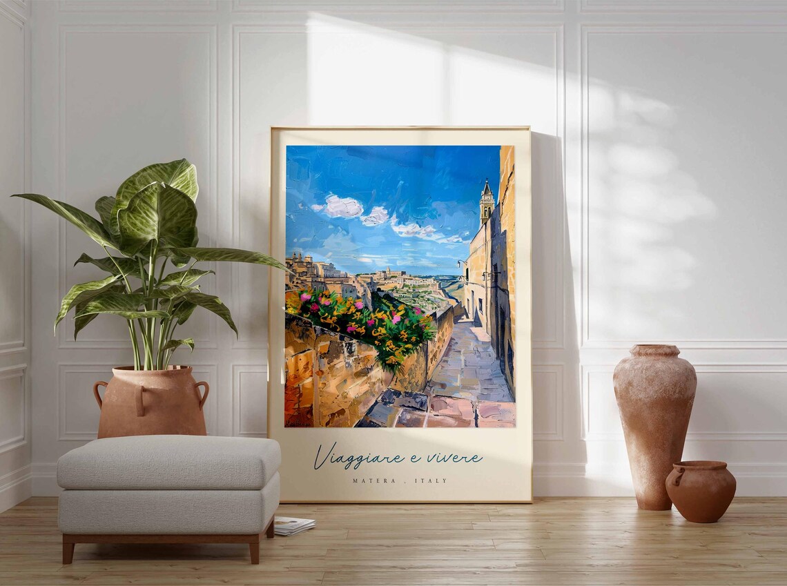 Matera Italy Stone Walkway Flower Wall Vista Watercolor Poster - Image 3