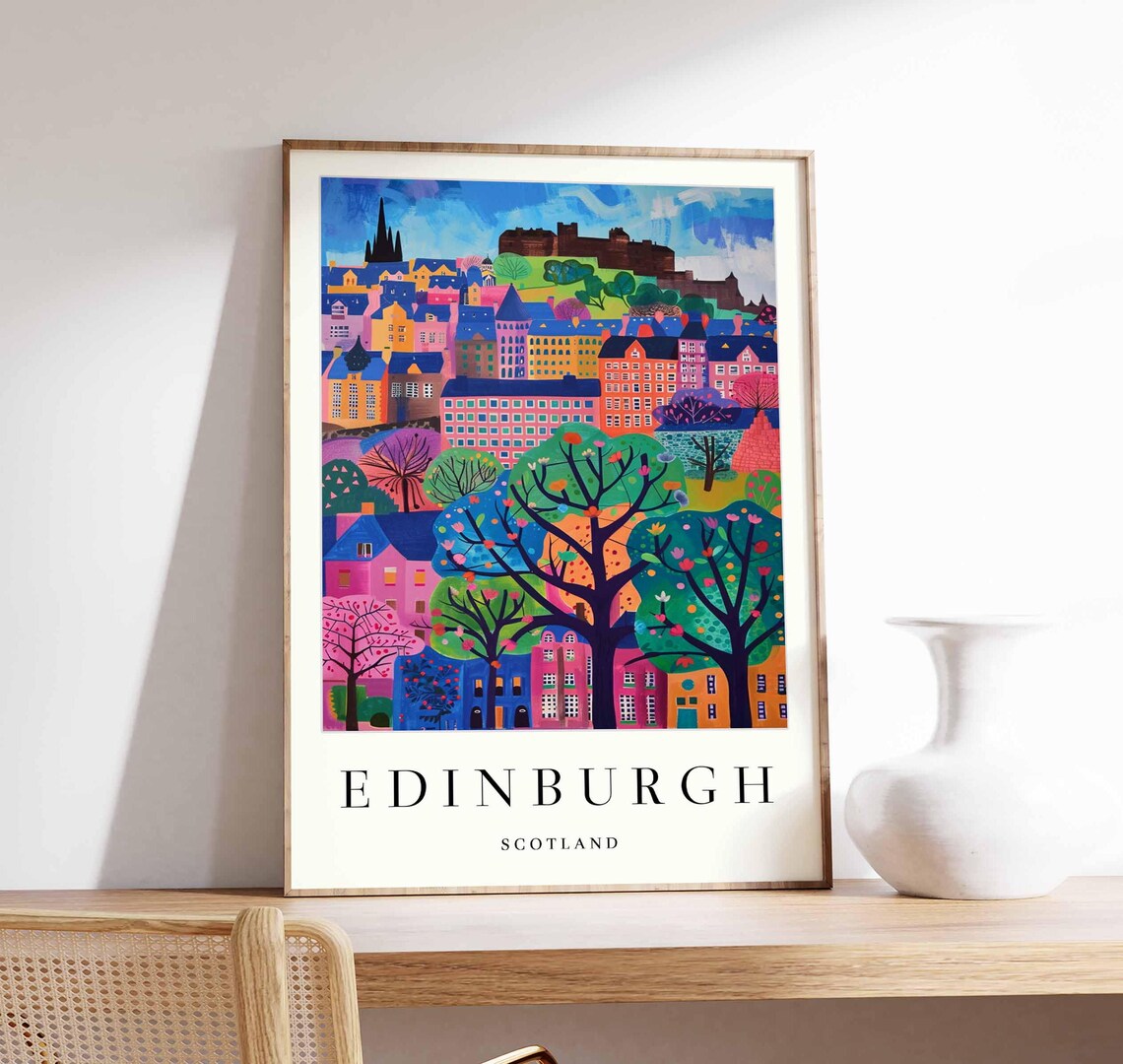 Colorful Edinburgh Castle Hill Cityscape Scotland Travel Poster