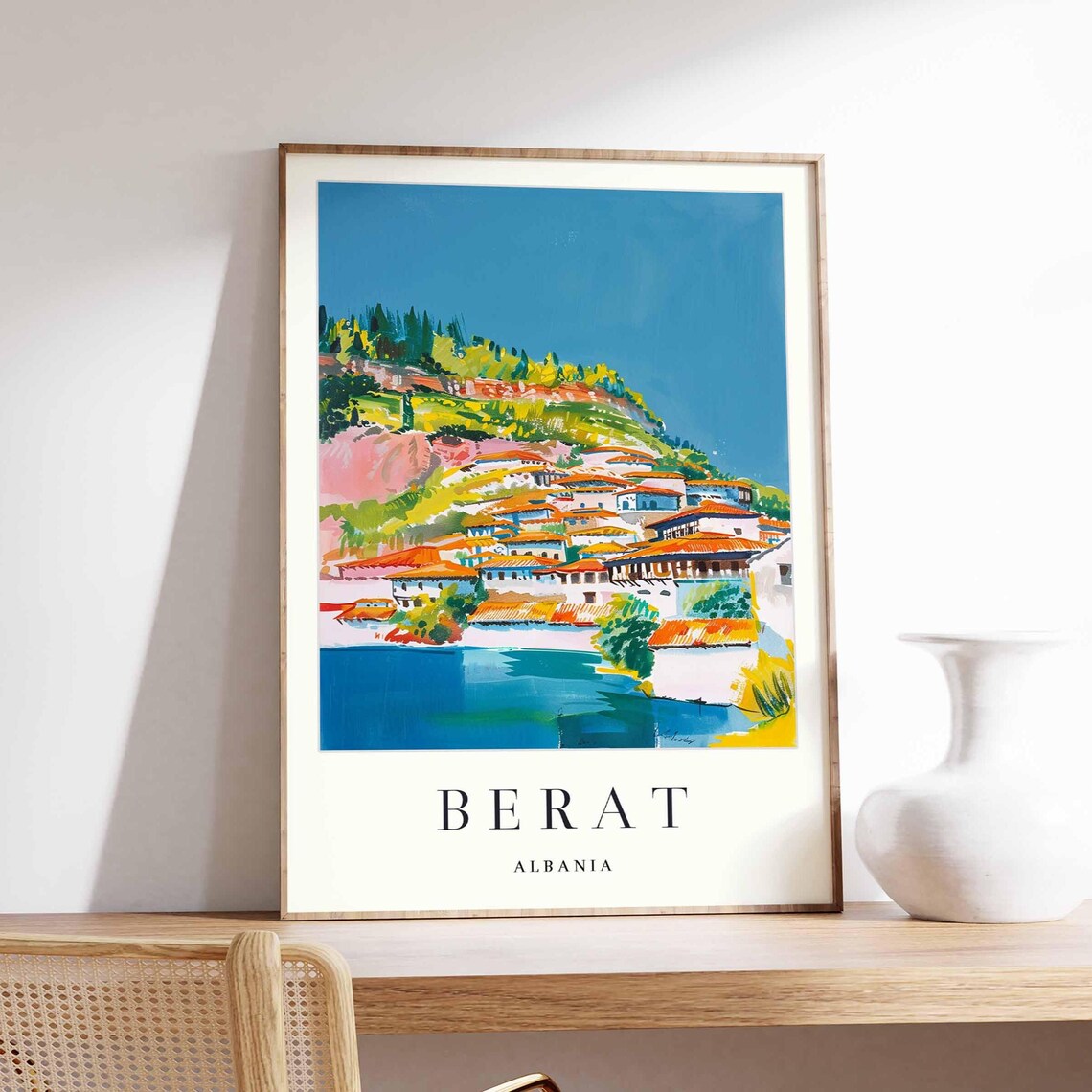 Berat Albania Orange Rooftops Riverside Old Town Travel Poster