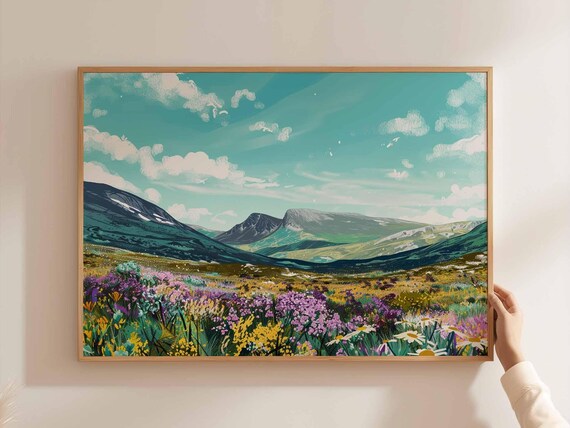 Cairngorms Wildflower Meadow Daisies Mountain Peaks Painting Poster