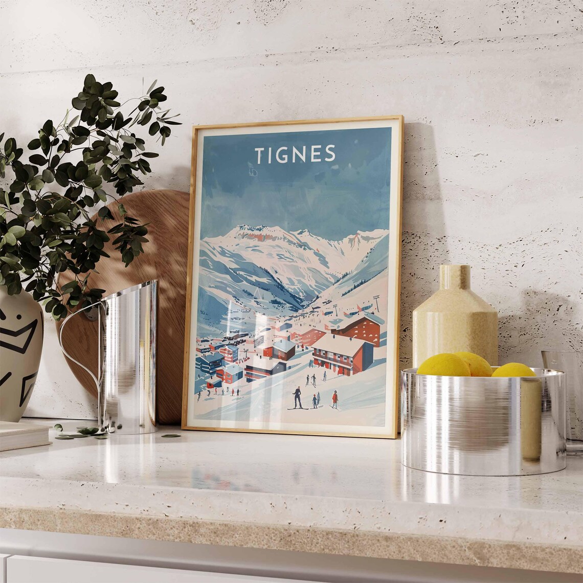 Tignes France Snowy Village Skiers Red Blue Chalet Scene Poster - Image 2