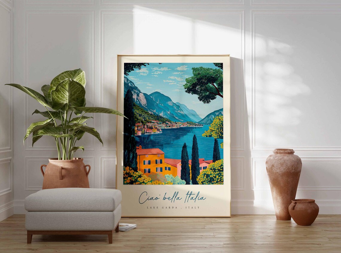 Lake Garda Italy Villa Cypress Trees Yellow Flower Garden Hills Poster - Image 3