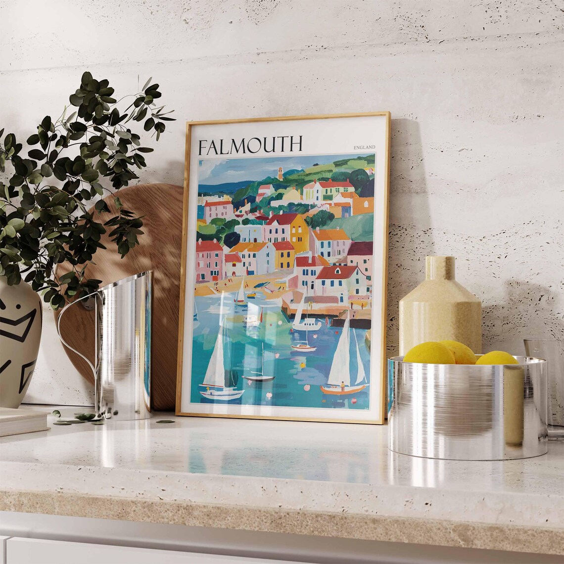 Falmouth England Sailboat Harbor Hillside Pastel Houses Painting Poster - Image 2
