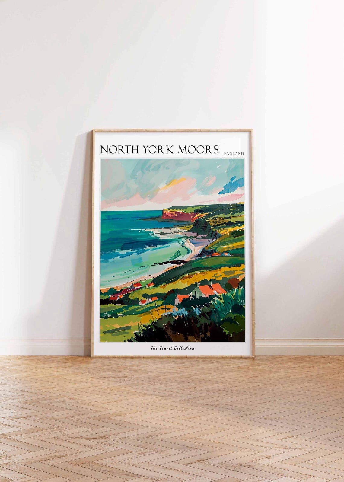 North York Moors England Coastal Cliffs Bay Cottages Scene Poster - Image 2