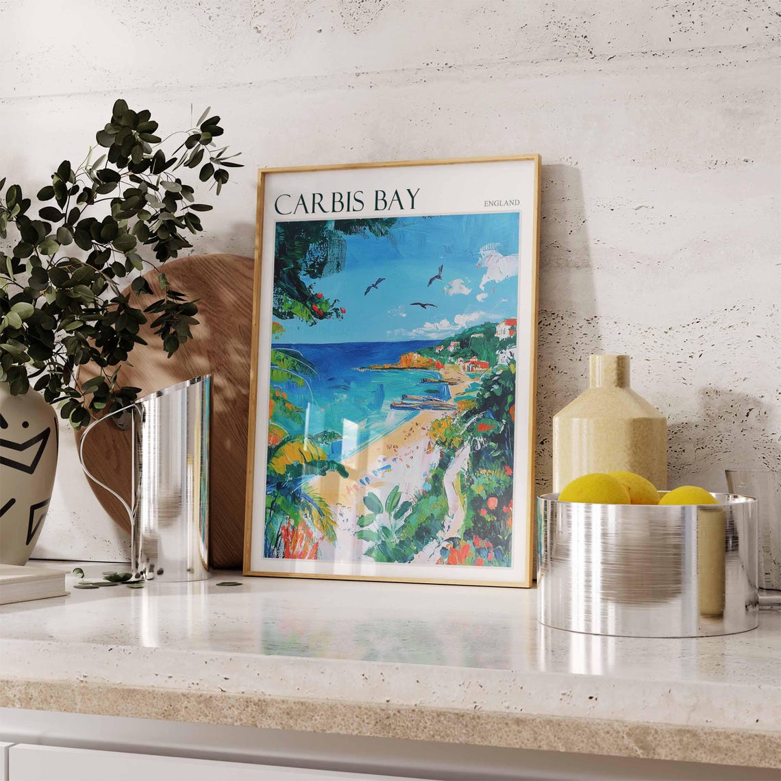 Carbis Bay England Tropical Beach Cove Birds Palm Frond Scenic Poster - Image 2
