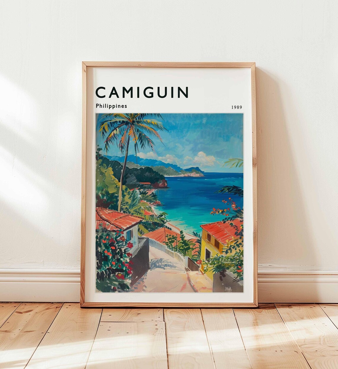 Camiguin Philippines 1989 Coastal Village Red Roofs Vintage Travel Poster