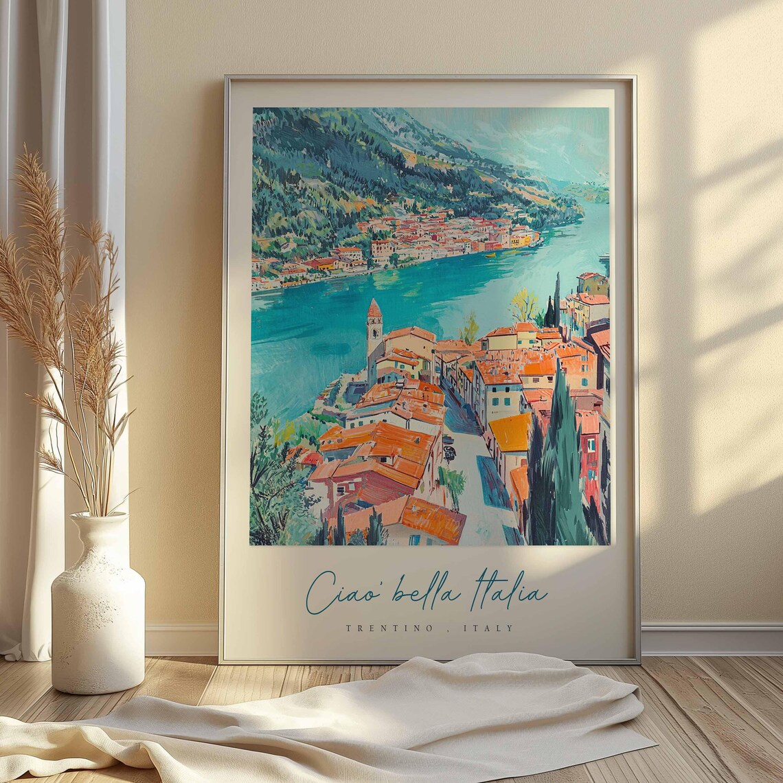 Trentino Italy Coastal Town Painting Turquoise Lake Church Poster - Image 2