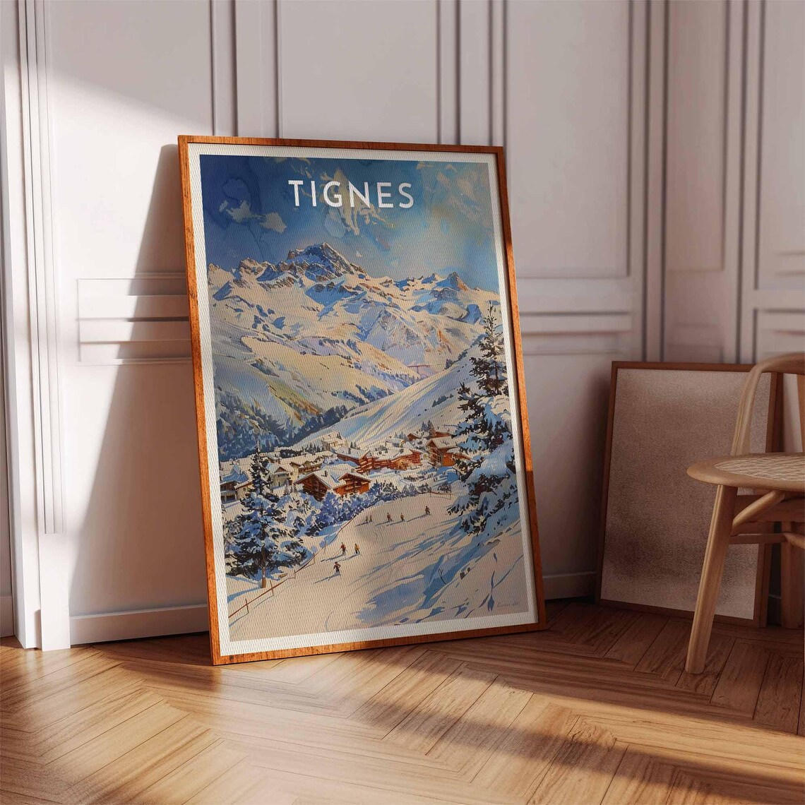 Tignes Snowy Peaks Rising Above Skiers on Gentle Slopes Poster - Image 3