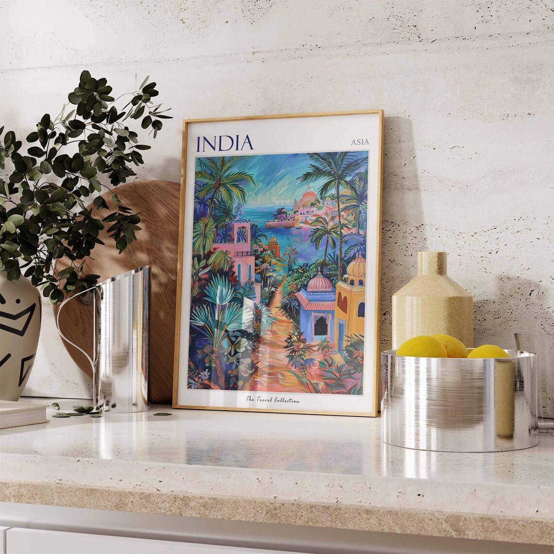 India Asia Colorful Palace Coastline Illustrated Travel Poster - Image 3