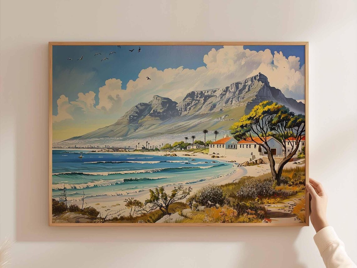 Cape Town Surf Beach Rolling Waves Cottages Mountain Art Poster