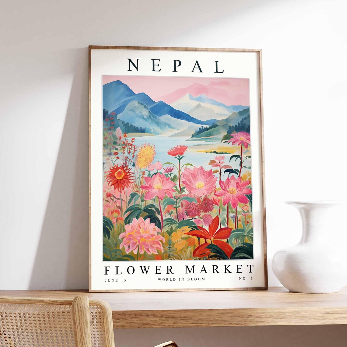 Nepal Flower Market Red Temple Lush Floral Garden View Poster