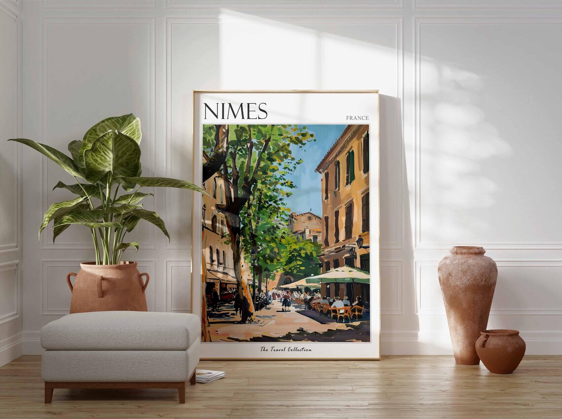 Nimes France Travel Poster Sunny Cafe Terrace And Shaded Street - Image 3