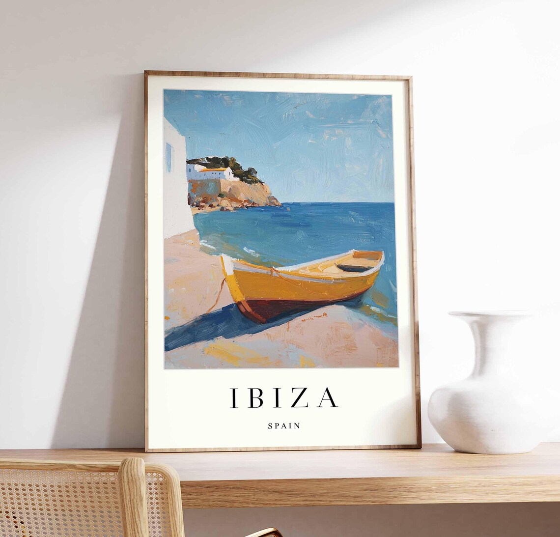 Ibiza Spain Minimalist Beach Boat Painting Cliff White Villa Poster