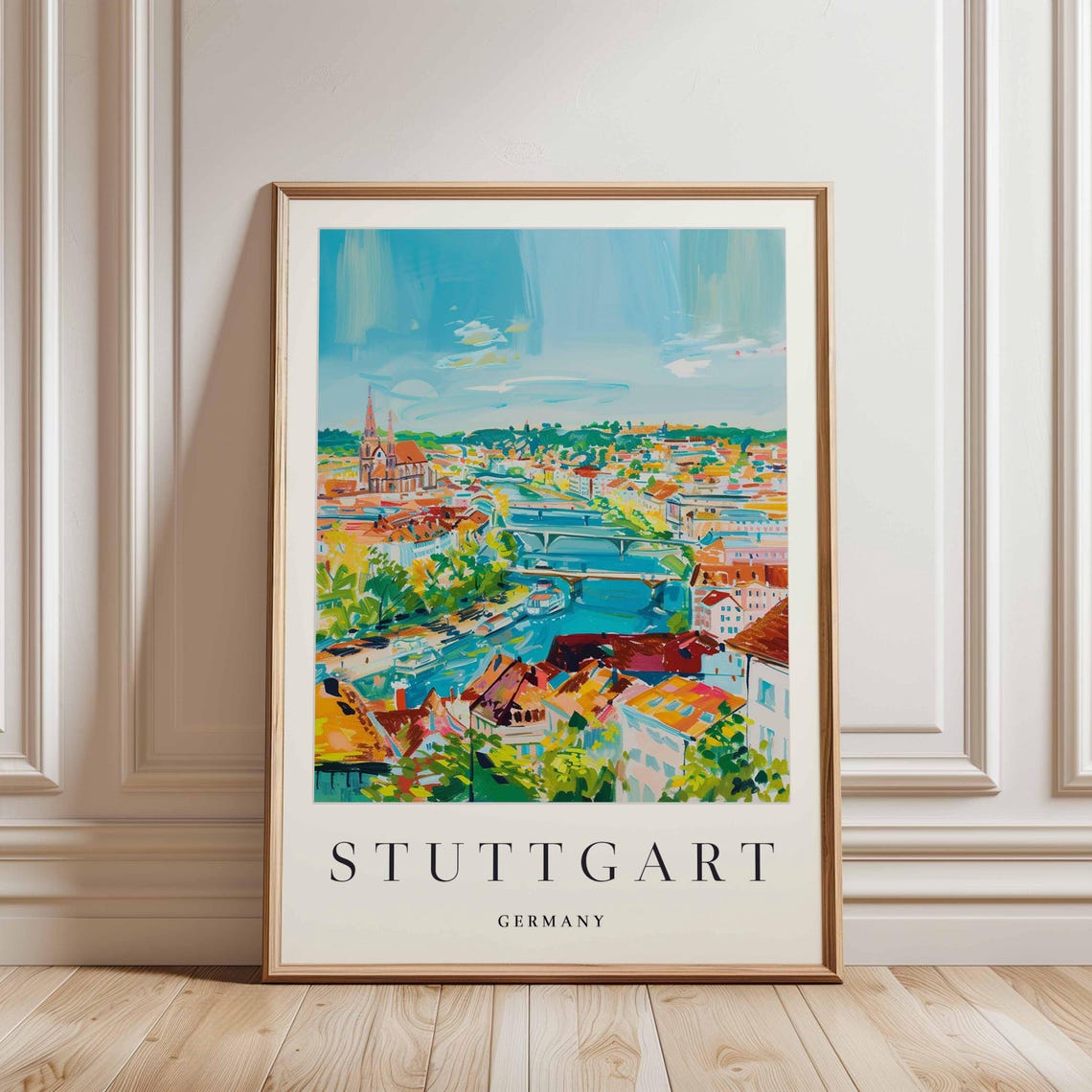 Stuttgart Germany River Panorama with Church Spires and Bridges Poster - Image 3