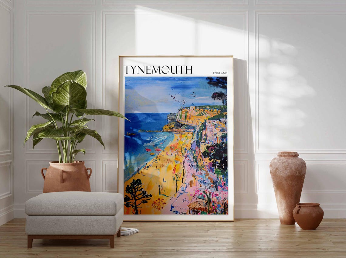 Tynemouth Golden Cliffs Yellow Beach Birds Bright Painterly Poster - Image 2
