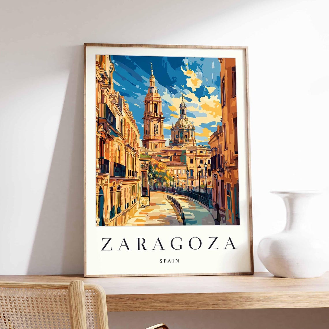Zaragoza Spain Basilica del Pilar Street Scene Illustration Poster