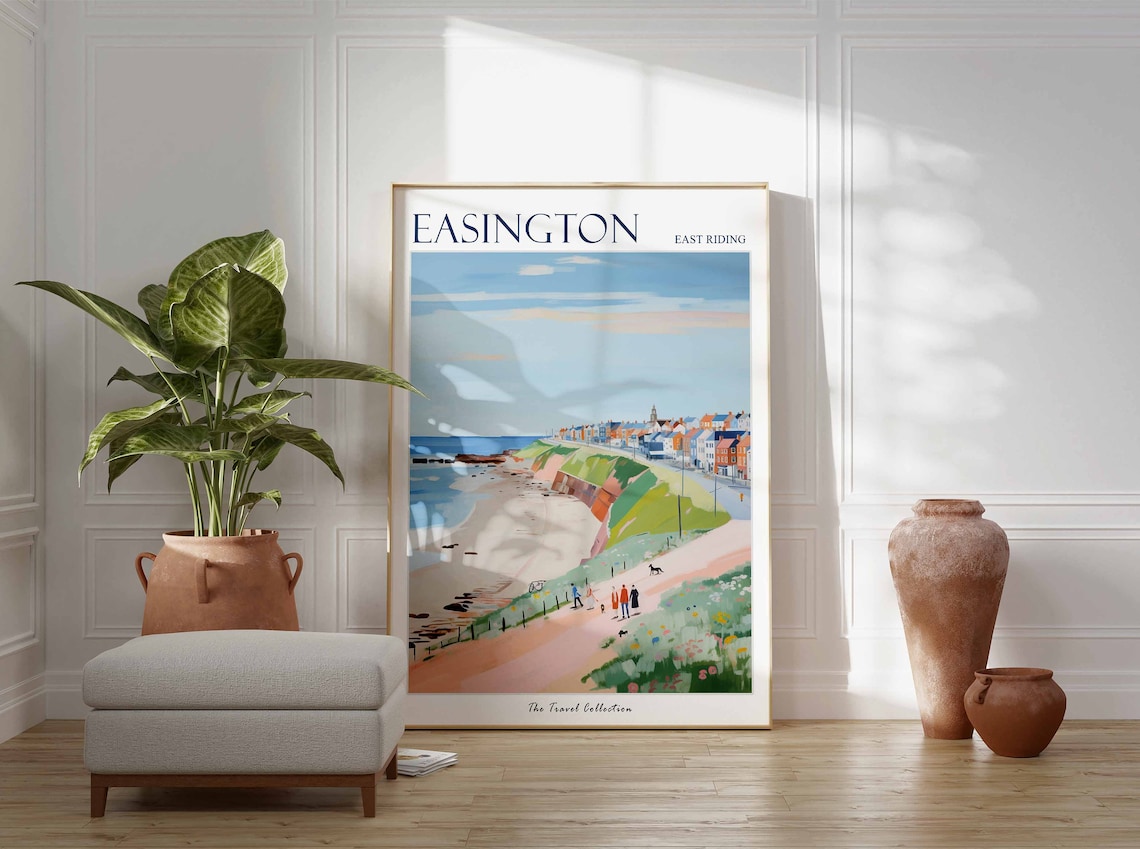 Easington East Riding Clifftop Walkers Pink Path Coastal Travel Poster - Image 3