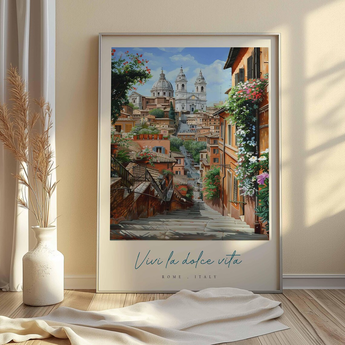 Rome Italy Stone Steps Church Watercolor Flowered Street Poster - Image 2