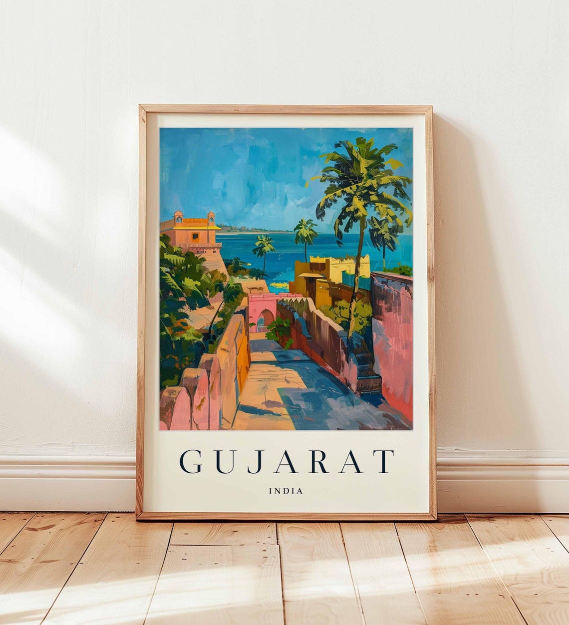 Gujarat India Coastal Fort Pink Wall Ocean View Travel Art Poster
