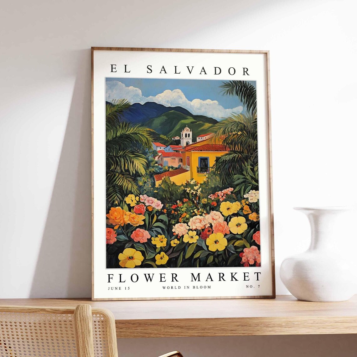 El Salvador Flower Market Golden Church Village Floral View Poster