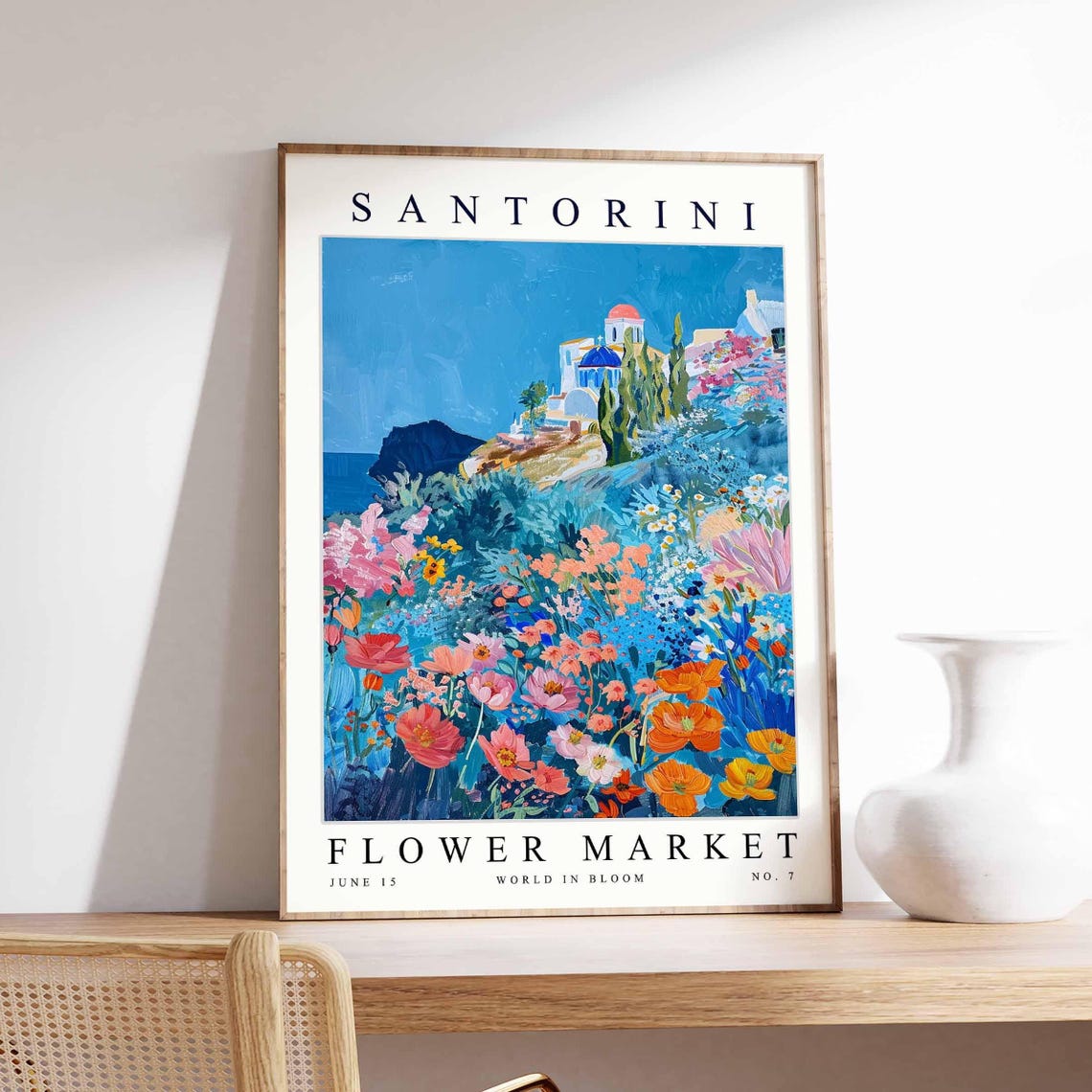Santorini Flower Market Blue Dome Church Pink Orange Meadow Poster