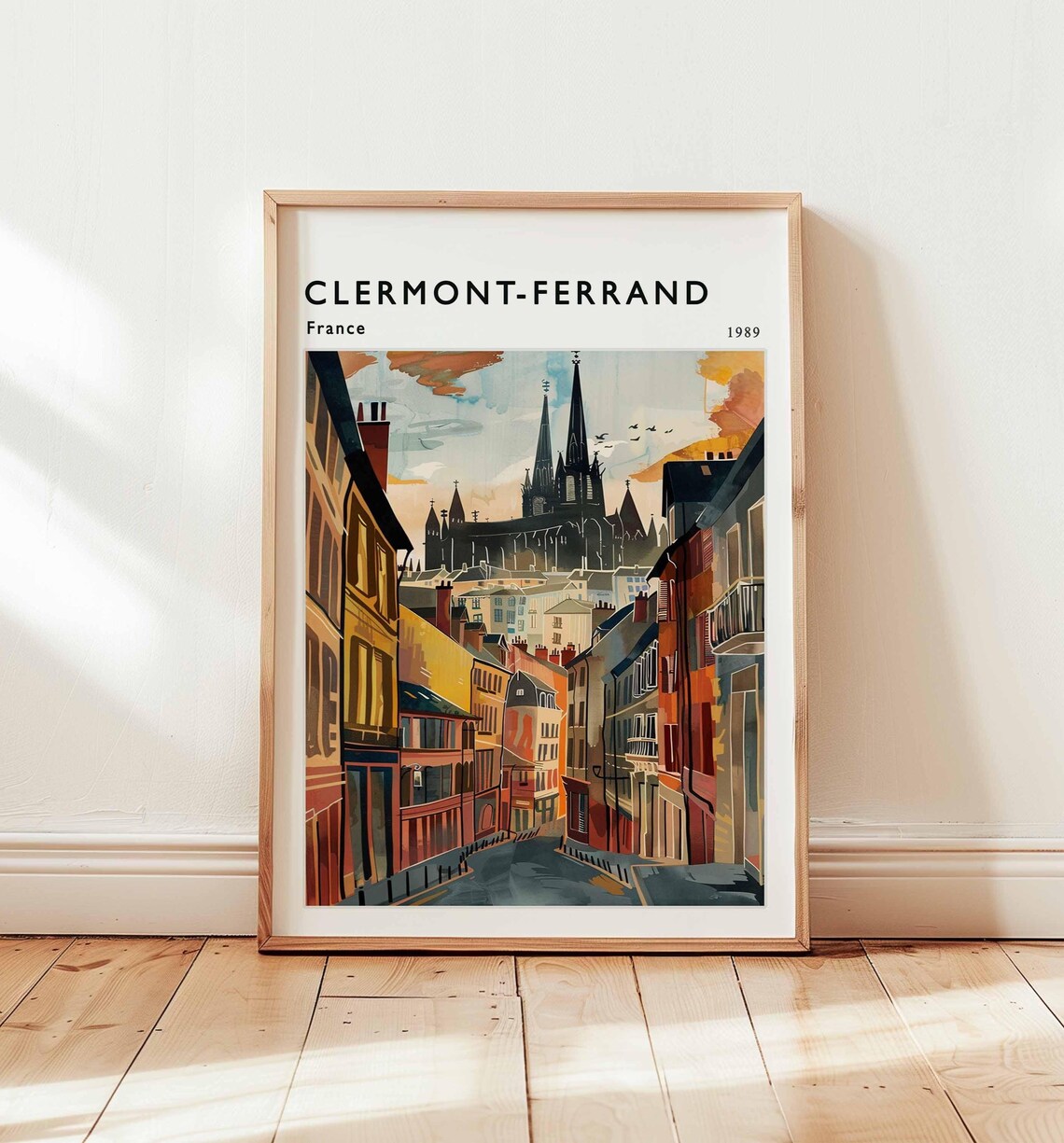 Clermont-Ferrand France 1989 Cathedral Street Watercolor Travel Poster