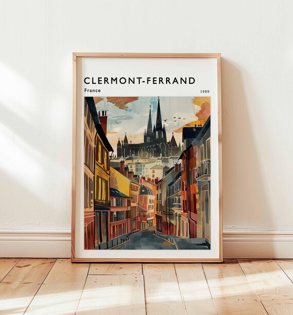Clermont-Ferrand France 1989 Cathedral Street Watercolor Travel Poster