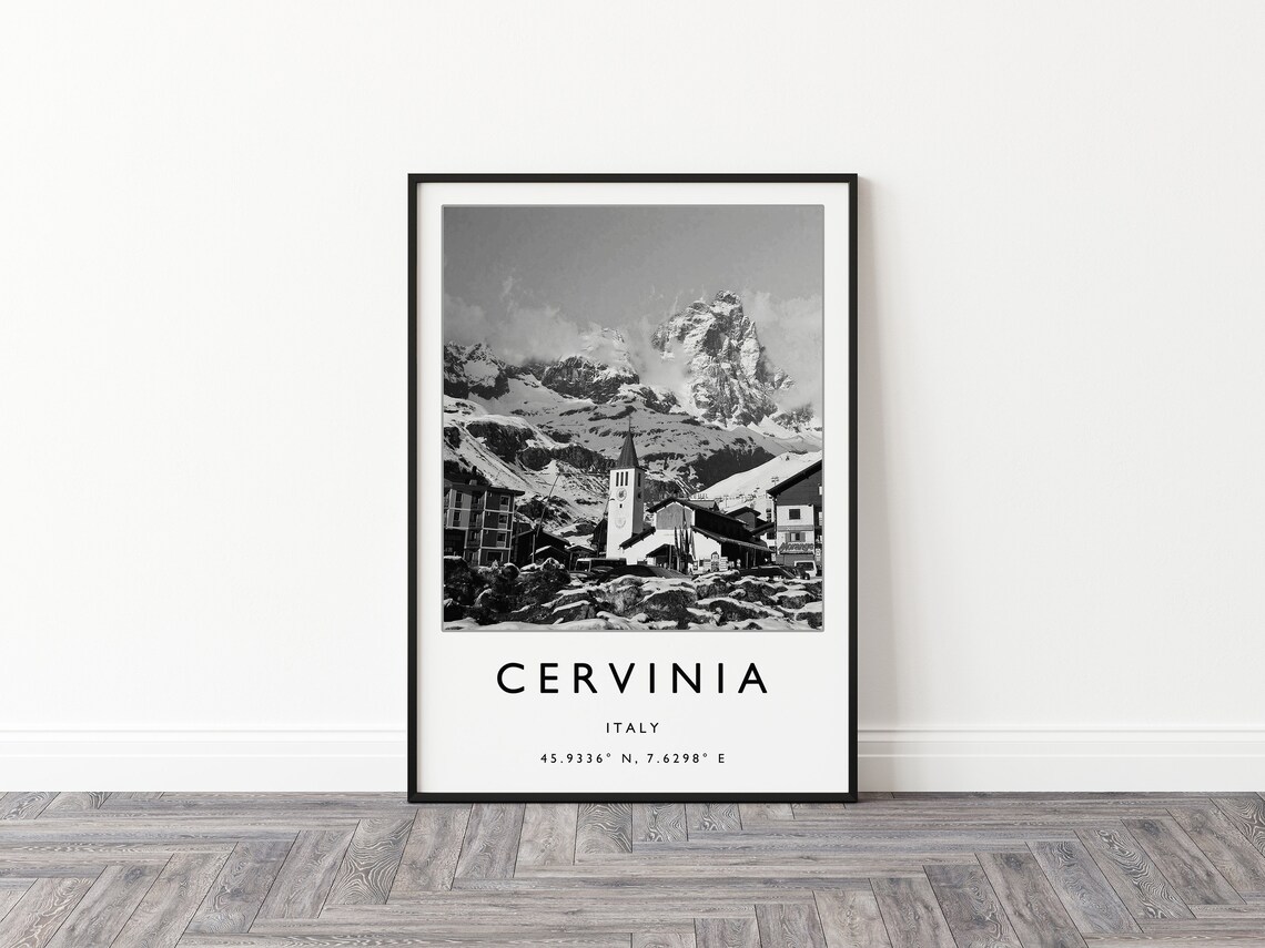 Cervinia Italy Black and White Alpine Ski Village Mountain Poster - Image 3