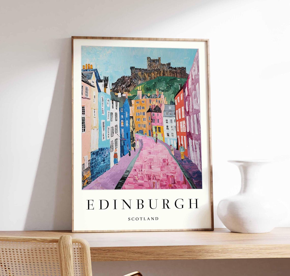 Edinburgh Scotland Pink Cobbled Street Castle View Travel Poster