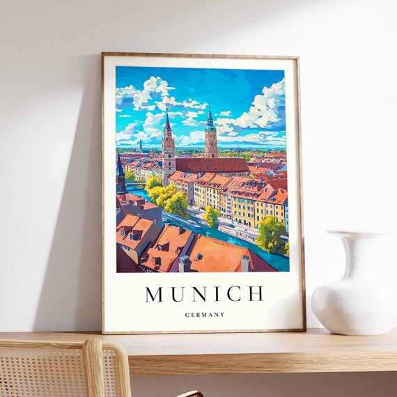 Munich Germany Riverside Twin Church Towers Aerial Travel Poster