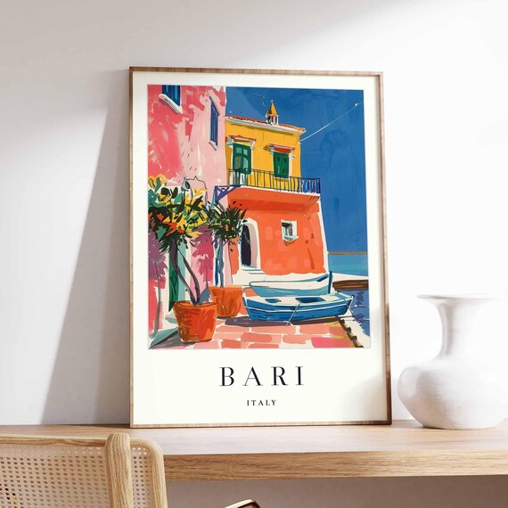 Bari Italy Vintage Colorful Waterfront House Boats Travel Poster