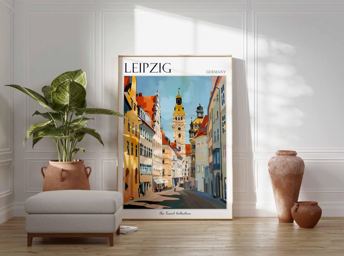 Leipzig Germany Sunny Street Clock Tower Old Town Travel Poster - Image 3