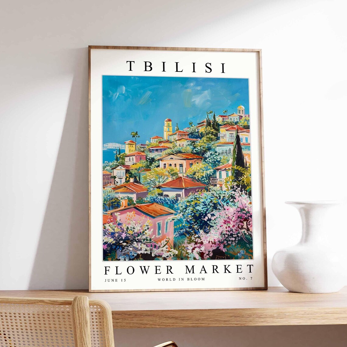 Tbilisi Flower Market Seaside Hill Town Pink Blossom Art Poster