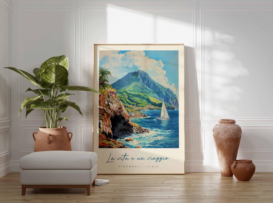 Stromboli Italy Volcano Coast Painting Sailboat Sea Cave Poster - Image 3