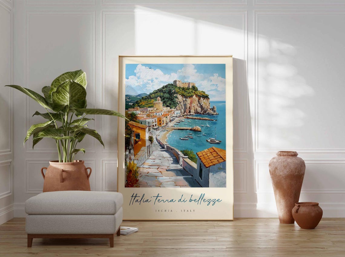 Ischia Italy Historic Castle Crowned Hill Harbor Boats Poster - Image 3