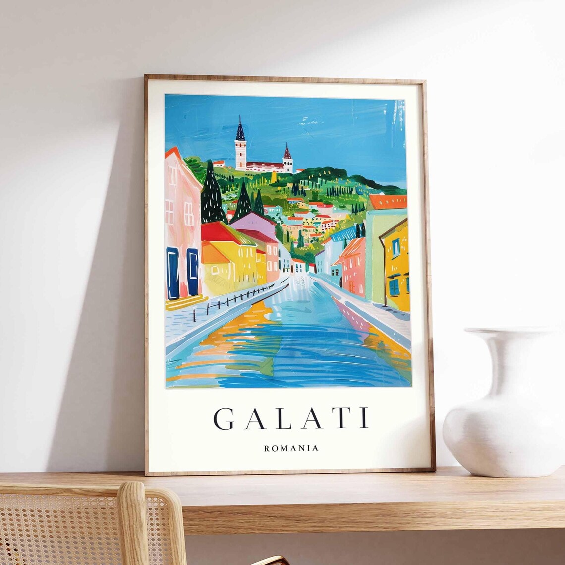 Galati Romania Travel Poster Colorful River Street Hillside Church Artwork