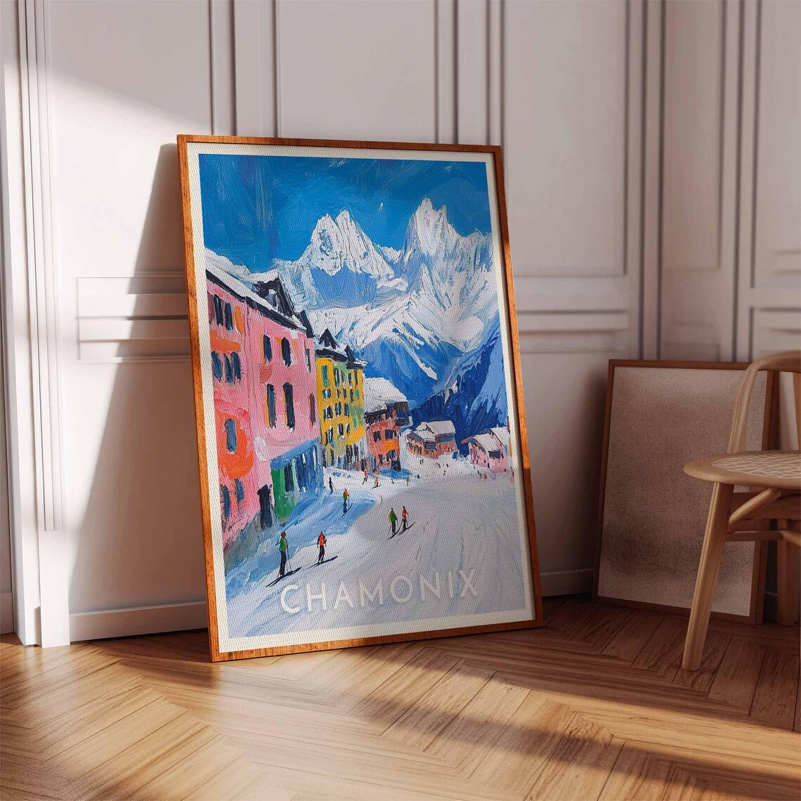 Chamonix Colorful Street Buildings Skiers Rocky Peaks Poster - Image 2