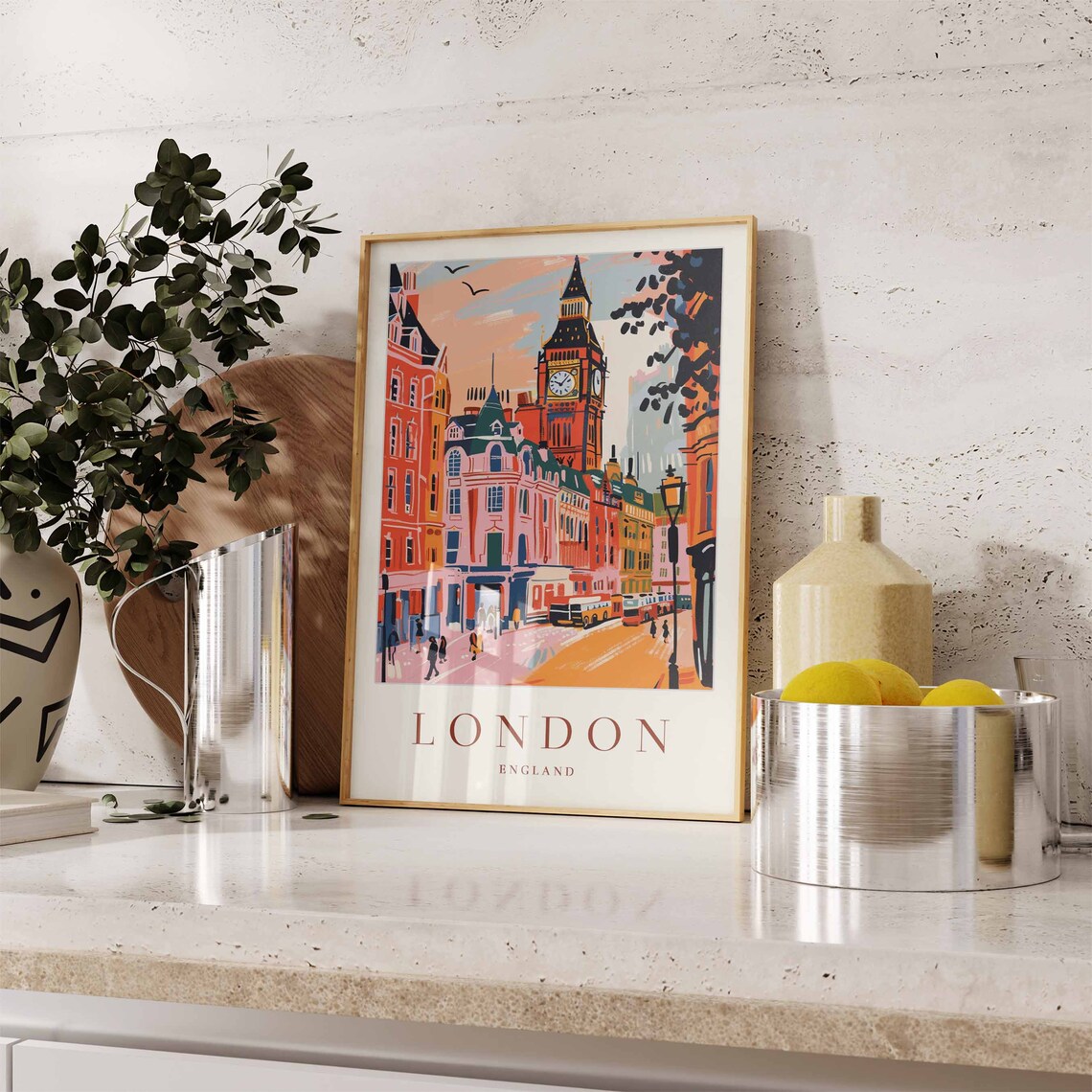 London England Big Ben Westminster Street Bus Colorful Travel Poster - Image 3