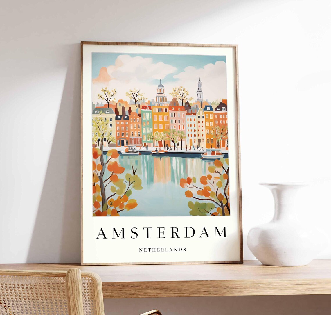 Amsterdam Netherlands Canal Houses Autumn Foliage Waterfront Poster