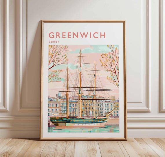 Greenwich London Travel Poster, Prime Meridian Landmark