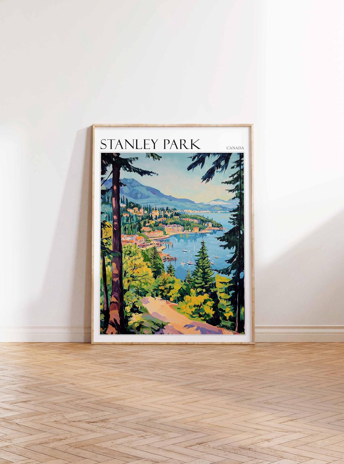 Stanley Park Vancouver Harbor Sailboats Mountains Canada Travel Poster - Image 2