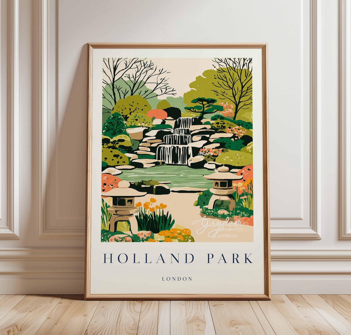 Holland Park London Japanese Garden Waterfall Oasis Travel Poster