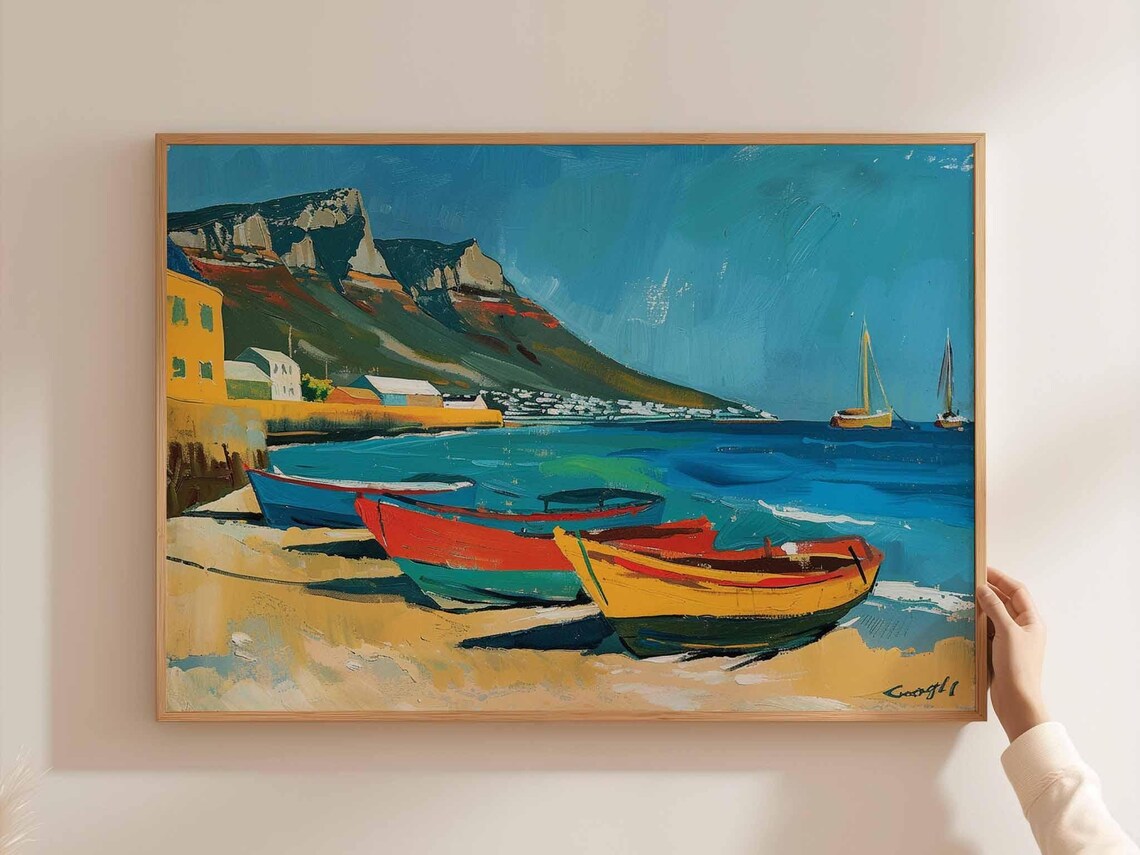 Cape Town Colorful Fishing Boats Beach Mountain Sailboats Poster