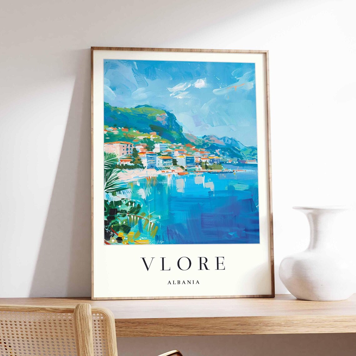 Vlore Albania Serene Blue Waterfront Town And Mountain Bay Poster