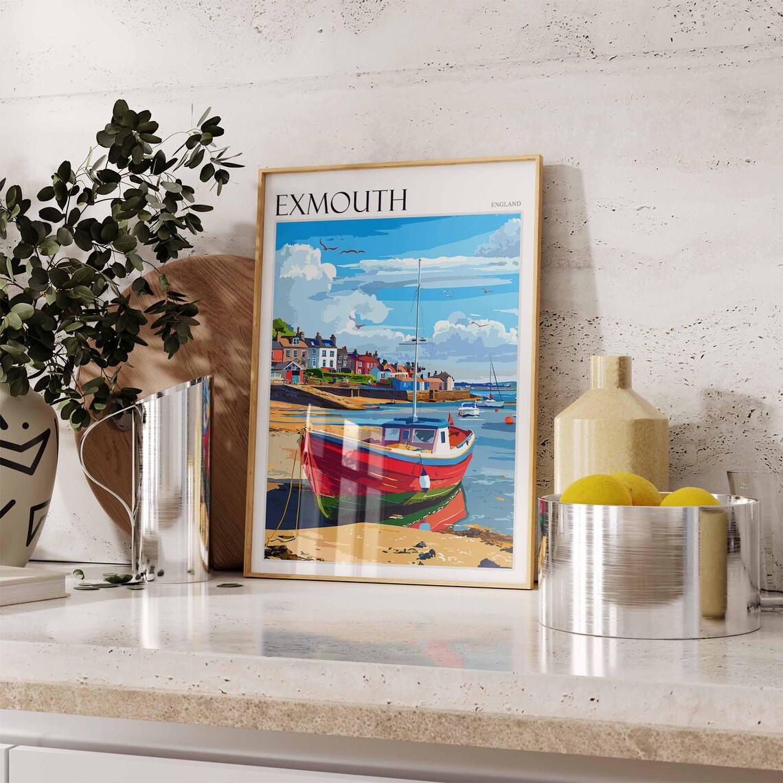 Exmouth England Red Fishing Boat Harbor Town Coastal Art Poster - Image 2