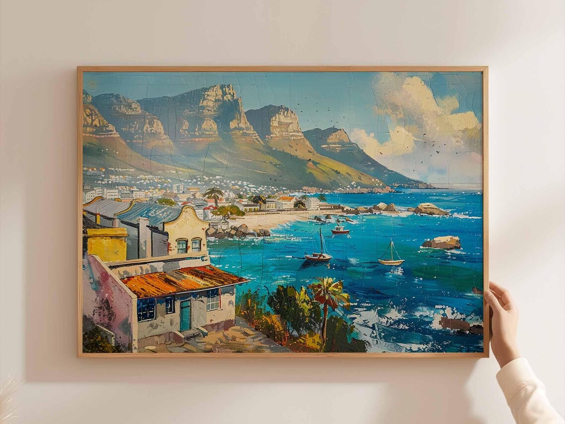 Cape Town Beach Shacks Sailboats Mountain Ridge Coastline Poster